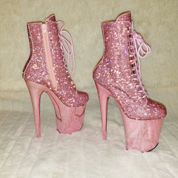 Bejeweled Baby Pink Rhinestone 8" Heel Platform Ankle Boots Flamingo - Picture 6 of 15